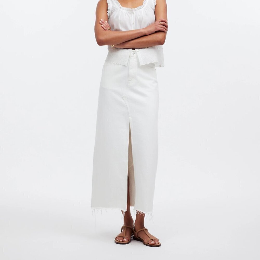 Madewell The Rilee Cotton Denim Midi Skirt Raw Hem White Size 33 NWT